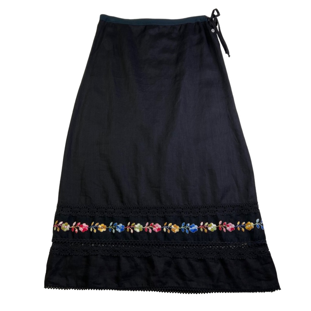 Johnny Was Black Midi Skirt with Multicolor Floral Embroidery